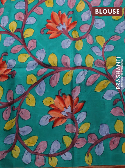 Pure soft silk saree dual shade of orange and teal green with plain body and hand painted kalamkari printed pallu