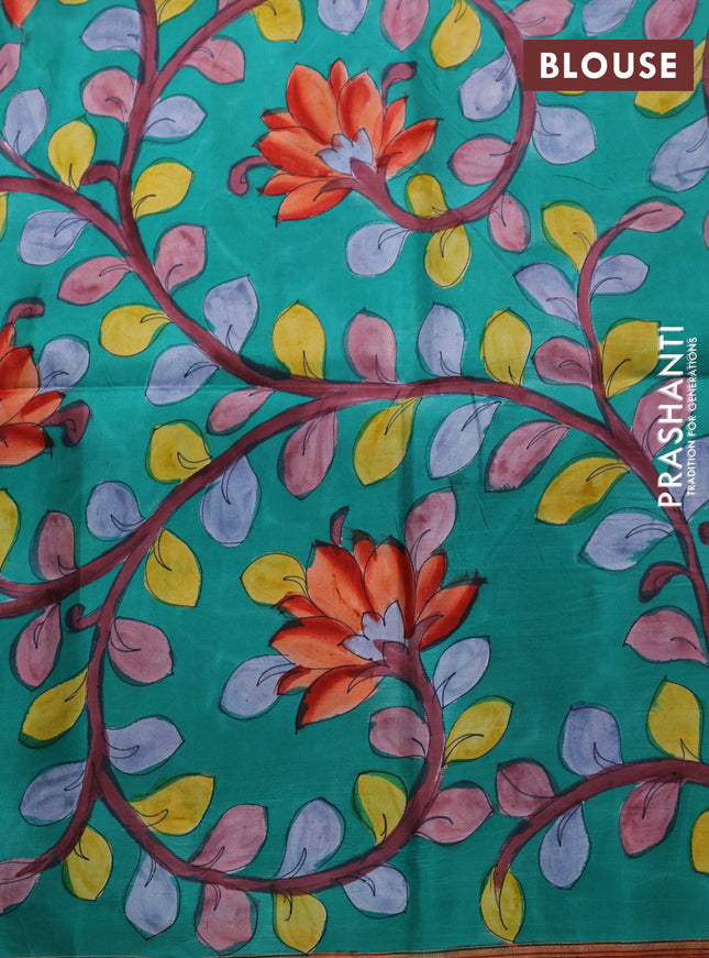 Pure soft silk saree dual shade of orange and teal green with plain body and hand painted kalamkari printed pallu