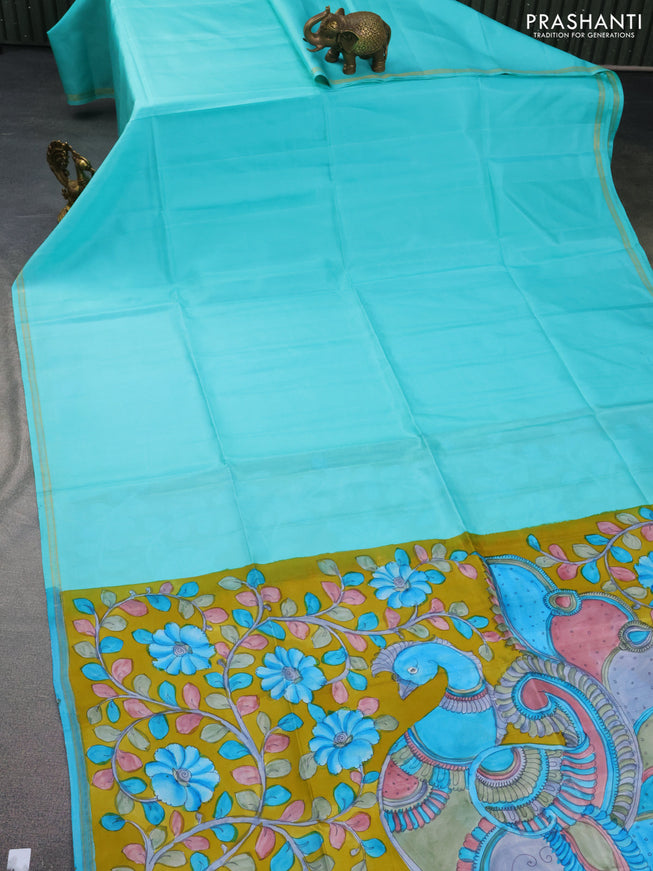 Pure soft silk saree teal blue and light blue with plain body and hand painted kalamkari printed pallu