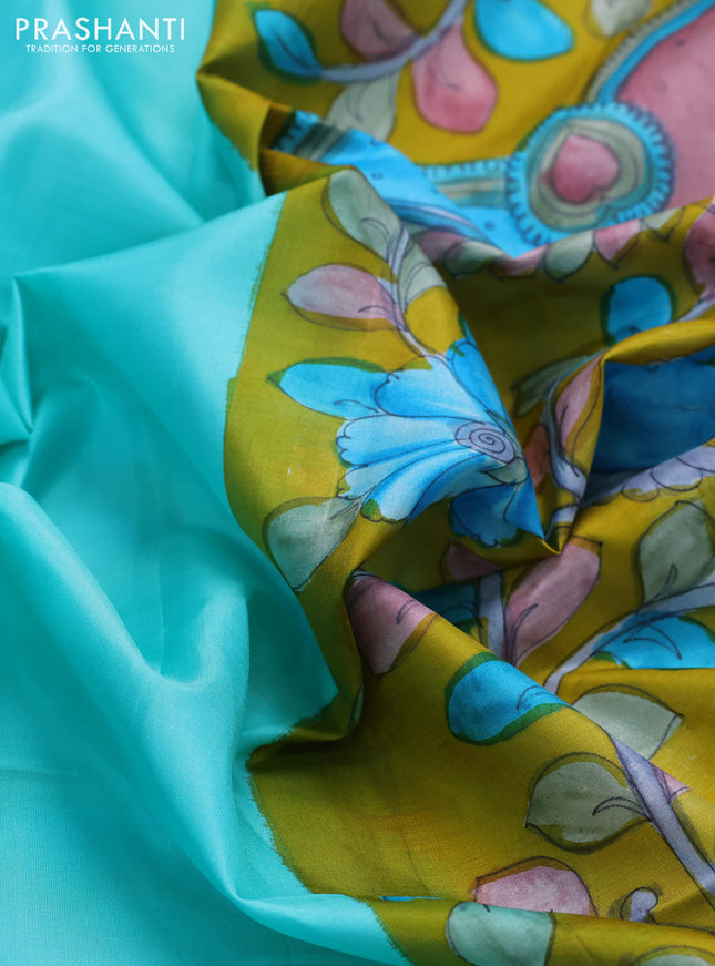 Pure soft silk saree teal blue and light blue with plain body and hand painted kalamkari printed pallu