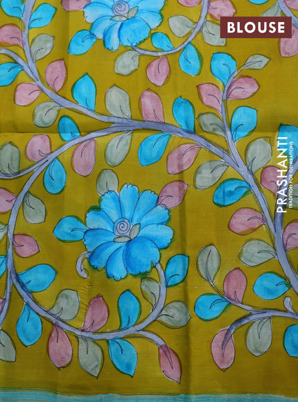 Pure soft silk saree teal blue and light blue with plain body and hand painted kalamkari printed pallu