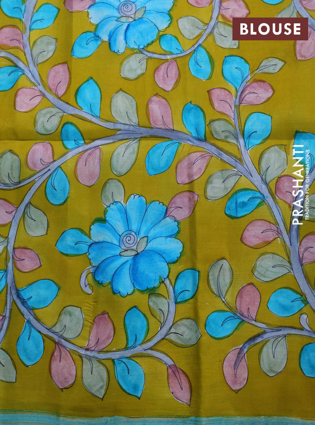 Pure soft silk saree teal blue and light blue with plain body and hand painted kalamkari printed pallu