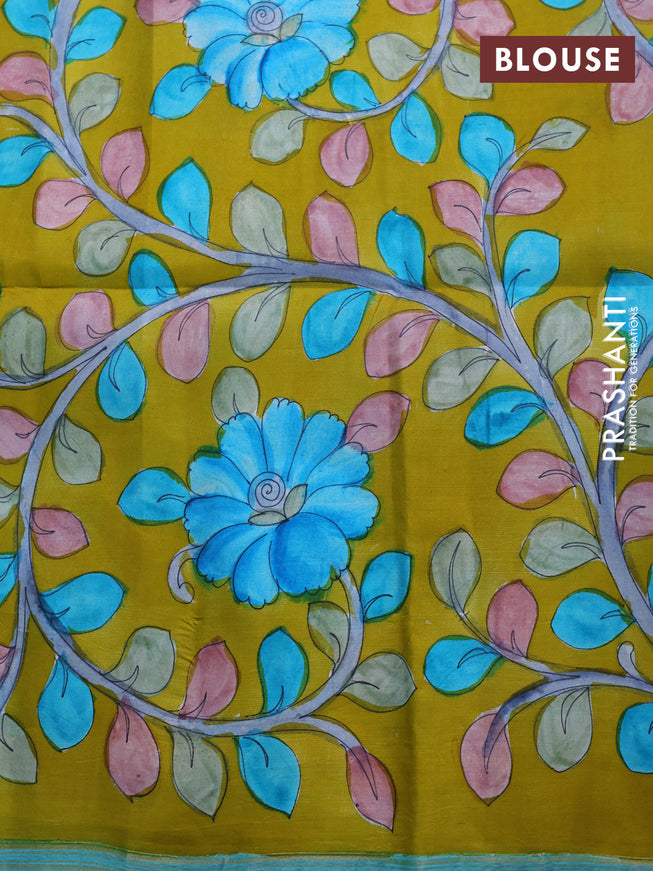 Pure soft silk saree teal blue and light blue with plain body and hand painted kalamkari printed pallu