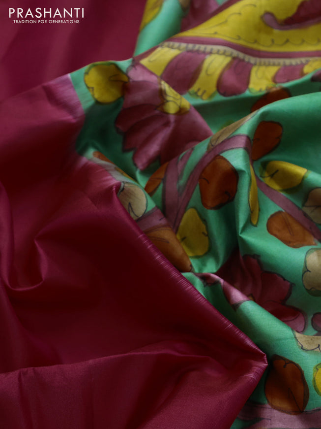 Pure soft silk saree reddish pink and pastel green with plain body and hand painted kalamkari printed pallu
