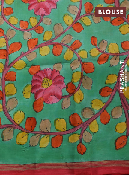 Pure soft silk saree reddish pink and pastel green with plain body and hand painted kalamkari printed pallu