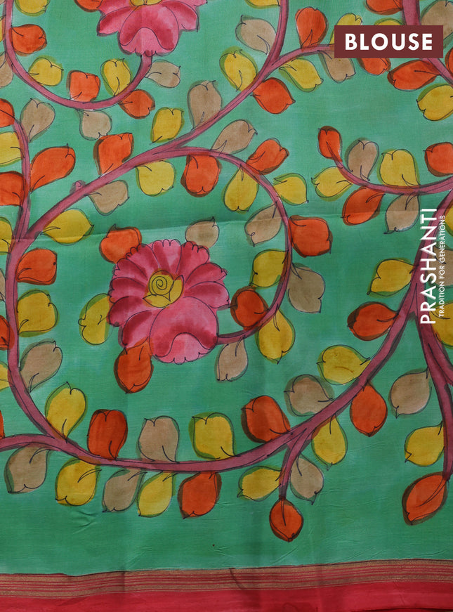 Pure soft silk saree reddish pink and pastel green with plain body and hand painted kalamkari printed pallu