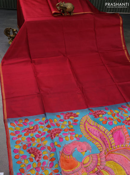 Pure soft silk saree maroon and teal blue with plain body and hand painted kalamkari printed pallu