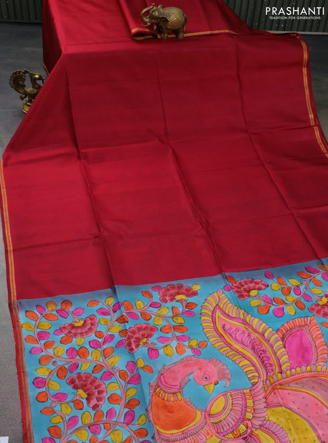 Pure soft silk saree maroon and teal blue with plain body and hand painted kalamkari printed pallu