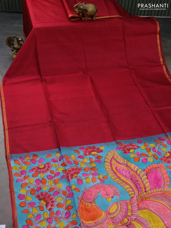 Pure soft silk saree maroon and teal blue with plain body and hand painted kalamkari printed pallu