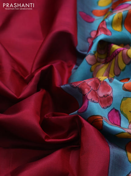 Pure soft silk saree maroon and teal blue with plain body and hand painted kalamkari printed pallu