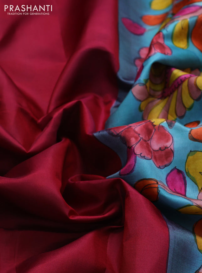 Pure soft silk saree maroon and teal blue with plain body and hand painted kalamkari printed pallu
