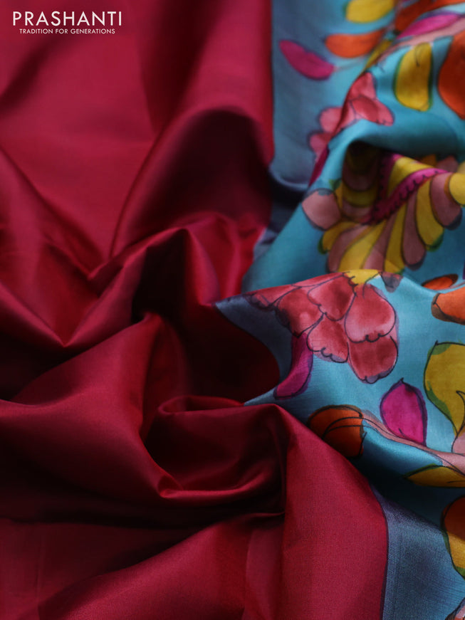 Pure soft silk saree maroon and teal blue with plain body and hand painted kalamkari printed pallu