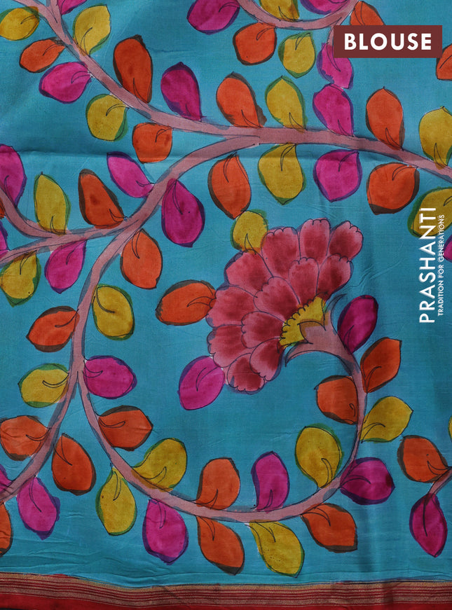 Pure soft silk saree maroon and teal blue with plain body and hand painted kalamkari printed pallu