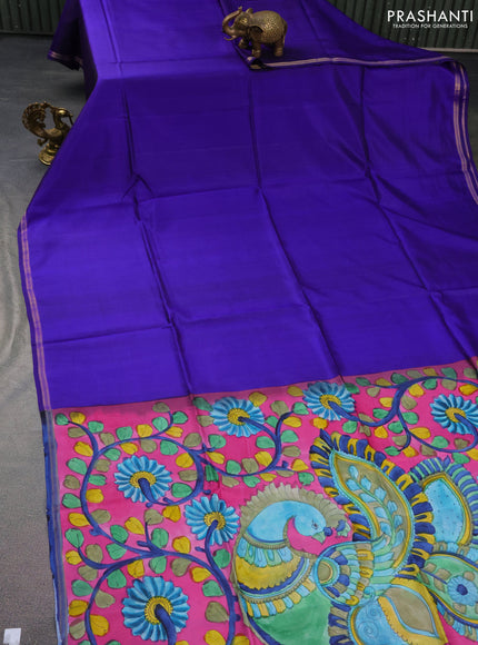 Pure soft silk saree blue and magenta pink with plain body and hand painted kalamkari printed pallu