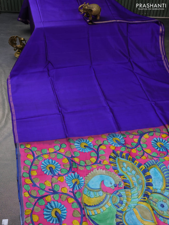 Pure soft silk saree blue and magenta pink with plain body and hand painted kalamkari printed pallu