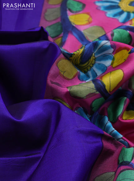 Pure soft silk saree blue and magenta pink with plain body and hand painted kalamkari printed pallu