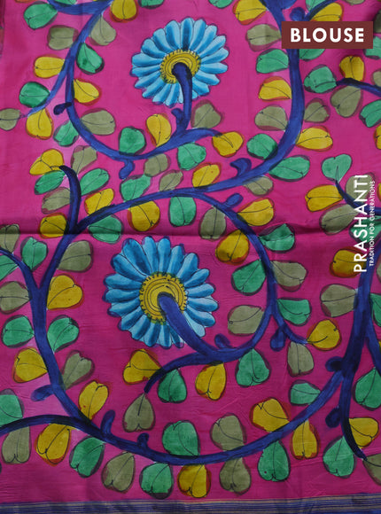 Pure soft silk saree blue and magenta pink with plain body and hand painted kalamkari printed pallu