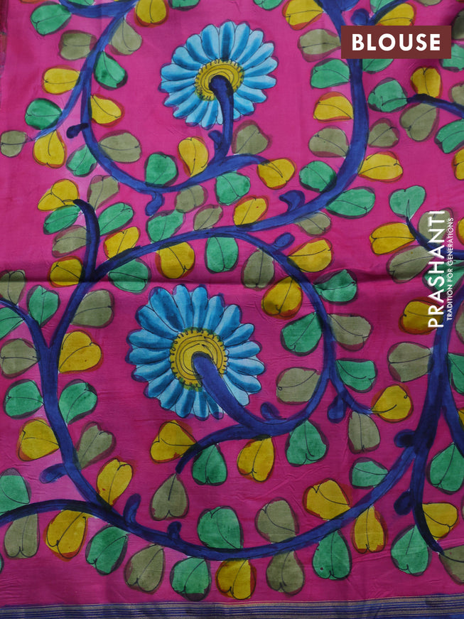 Pure soft silk saree blue and magenta pink with plain body and hand painted kalamkari printed pallu