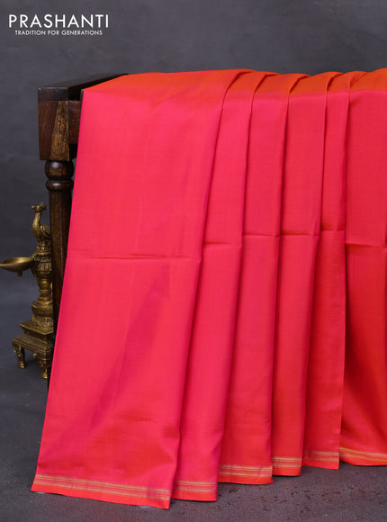 Pure soft silk saree dual shade of pinkish orange and pastel green with plain body and hand painted kalamkari printed pallu