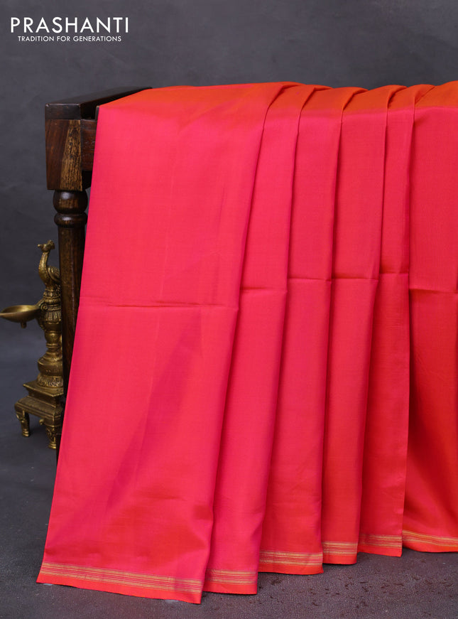 Pure soft silk saree dual shade of pinkish orange and pastel green with plain body and hand painted kalamkari printed pallu