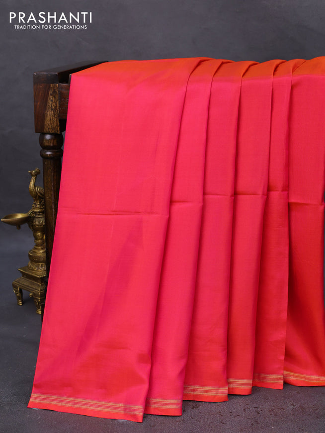 Pure soft silk saree dual shade of pinkish orange and pastel green with plain body and hand painted kalamkari printed pallu