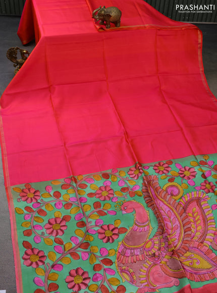 Pure soft silk saree dual shade of pinkish orange and pastel green with plain body and hand painted kalamkari printed pallu