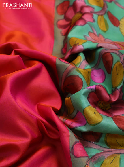Pure soft silk saree dual shade of pinkish orange and pastel green with plain body and hand painted kalamkari printed pallu
