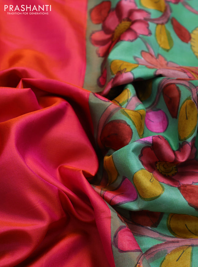 Pure soft silk saree dual shade of pinkish orange and pastel green with plain body and hand painted kalamkari printed pallu
