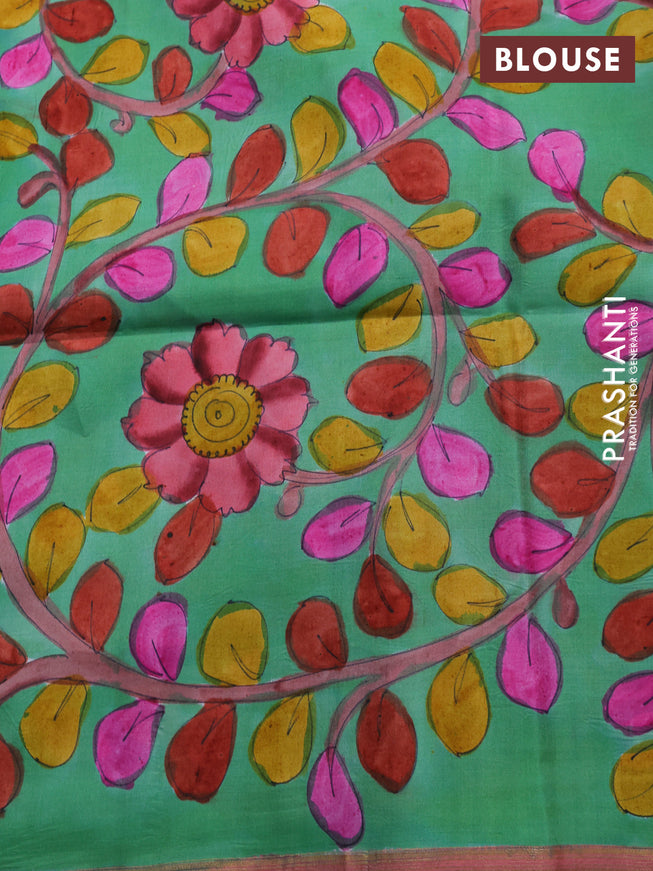 Pure soft silk saree dual shade of pinkish orange and pastel green with plain body and hand painted kalamkari printed pallu