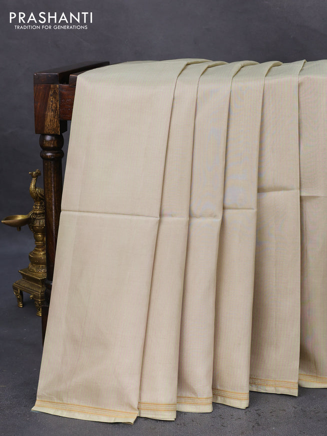 Pure soft silk saree mild pista green and cream with plain body and hand painted kalamkari printed pallu