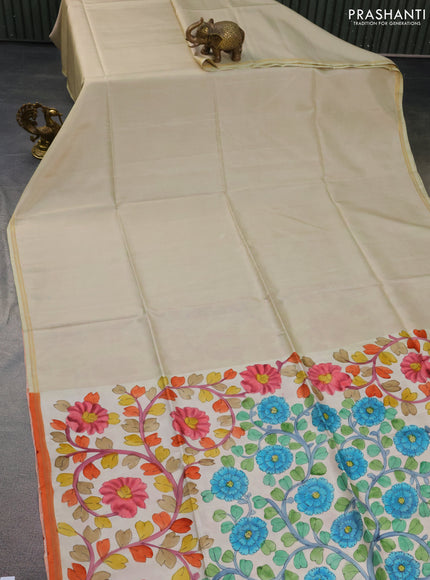 Pure soft silk saree mild pista green and cream with plain body and hand painted kalamkari printed pallu