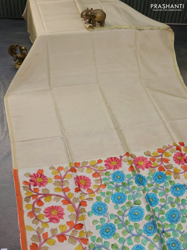 Pure soft silk saree mild pista green and cream with plain body and hand painted kalamkari printed pallu