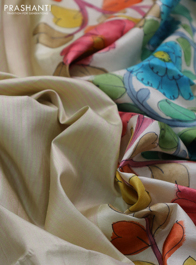 Pure soft silk saree mild pista green and cream with plain body and hand painted kalamkari printed pallu