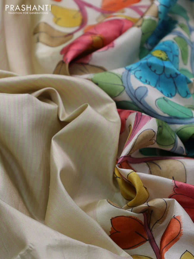 Pure soft silk saree mild pista green and cream with plain body and hand painted kalamkari printed pallu