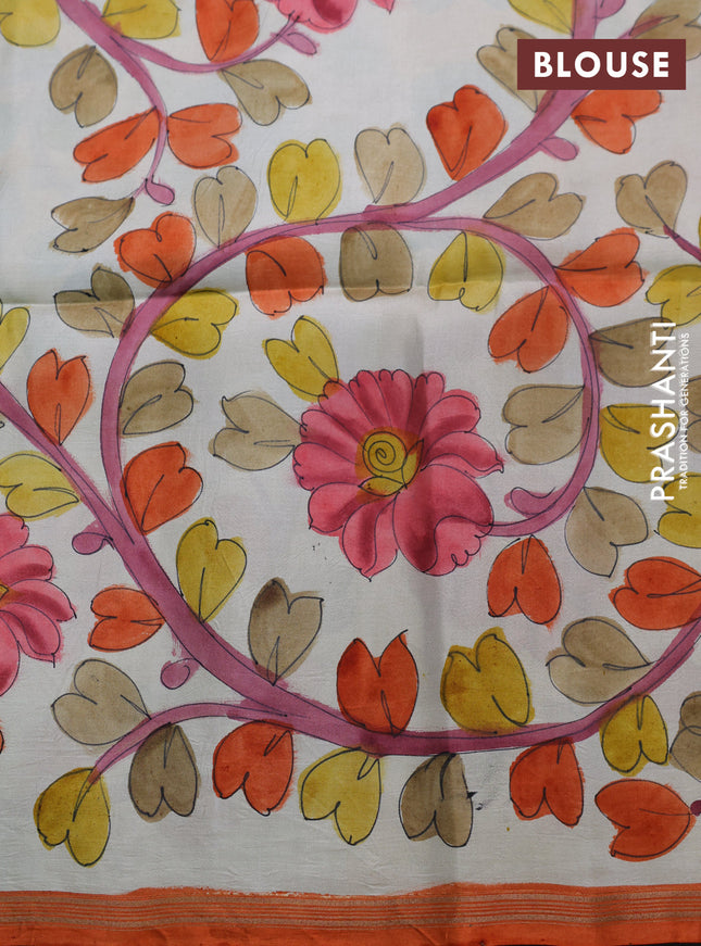 Pure soft silk saree mild pista green and cream with plain body and hand painted kalamkari printed pallu