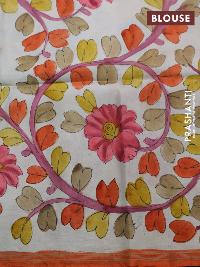 Pure soft silk saree mild pista green and cream with plain body and hand painted kalamkari printed pallu