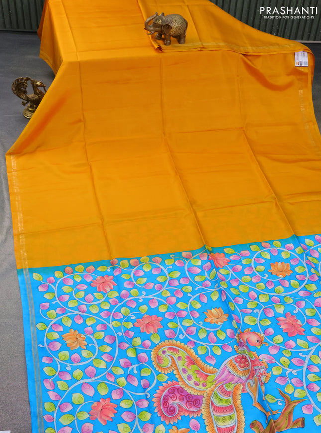 Pure soft silk saree mustard yellow and cs blue with plain body and hand painted kalamkari printed pallu