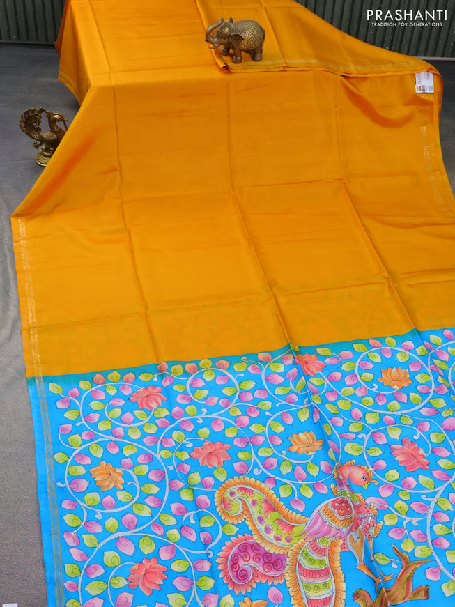 Pure soft silk saree mustard yellow and cs blue with plain body and hand painted kalamkari printed pallu
