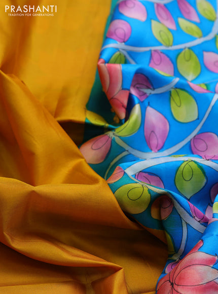Pure soft silk saree mustard yellow and cs blue with plain body and hand painted kalamkari printed pallu