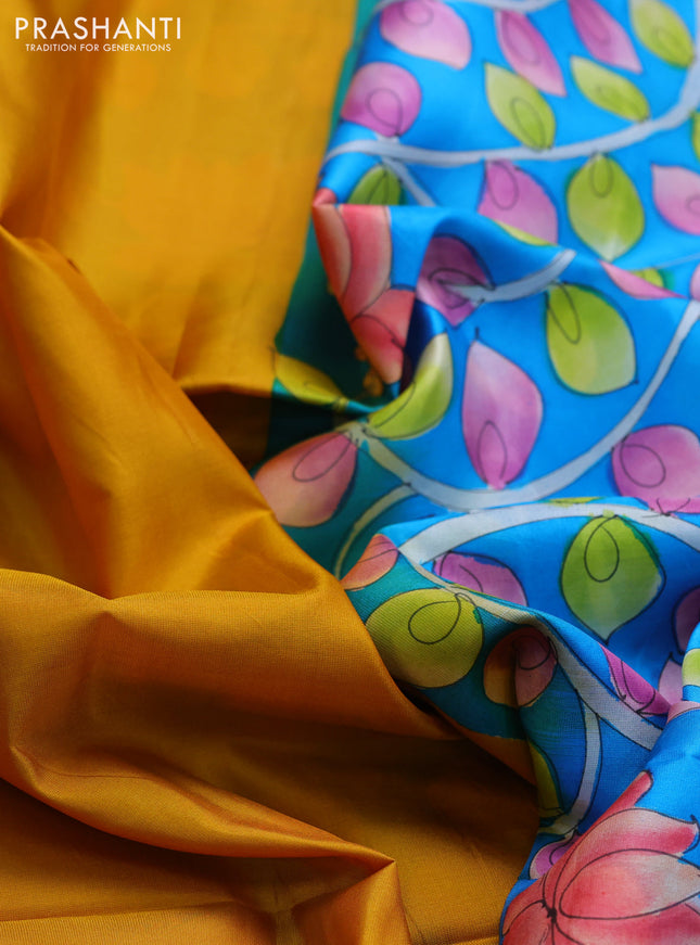 Pure soft silk saree mustard yellow and cs blue with plain body and hand painted kalamkari printed pallu