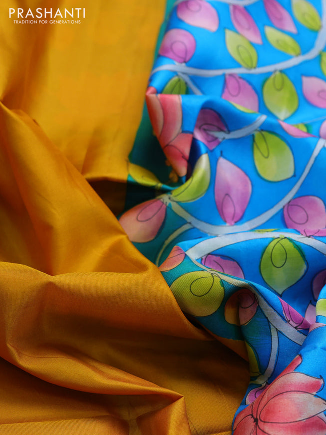Pure soft silk saree mustard yellow and cs blue with plain body and hand painted kalamkari printed pallu
