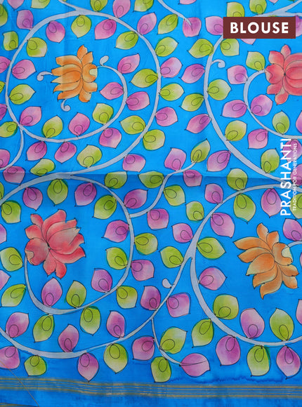Pure soft silk saree mustard yellow and cs blue with plain body and hand painted kalamkari printed pallu