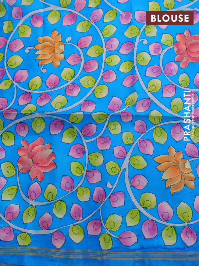 Pure soft silk saree mustard yellow and cs blue with plain body and hand painted kalamkari printed pallu