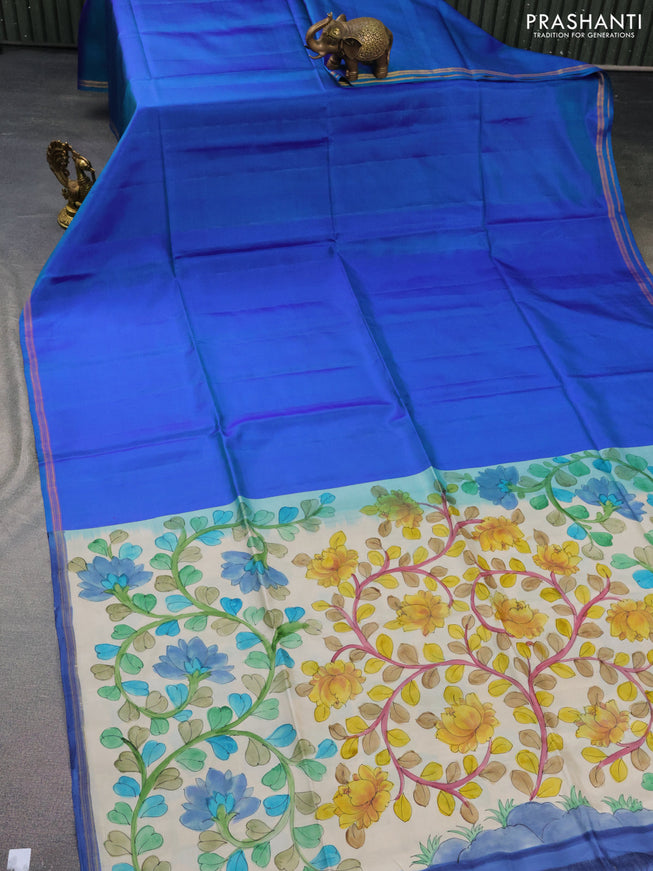 Pure soft silk saree dual shade of bluish green and cream with plain body and hand painted kalamkari printed pallu