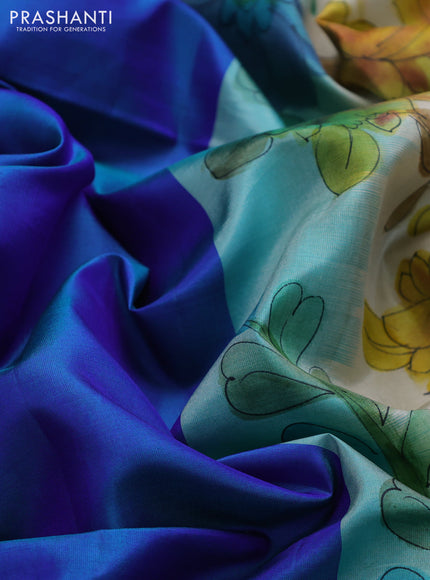 Pure soft silk saree dual shade of bluish green and cream with plain body and hand painted kalamkari printed pallu