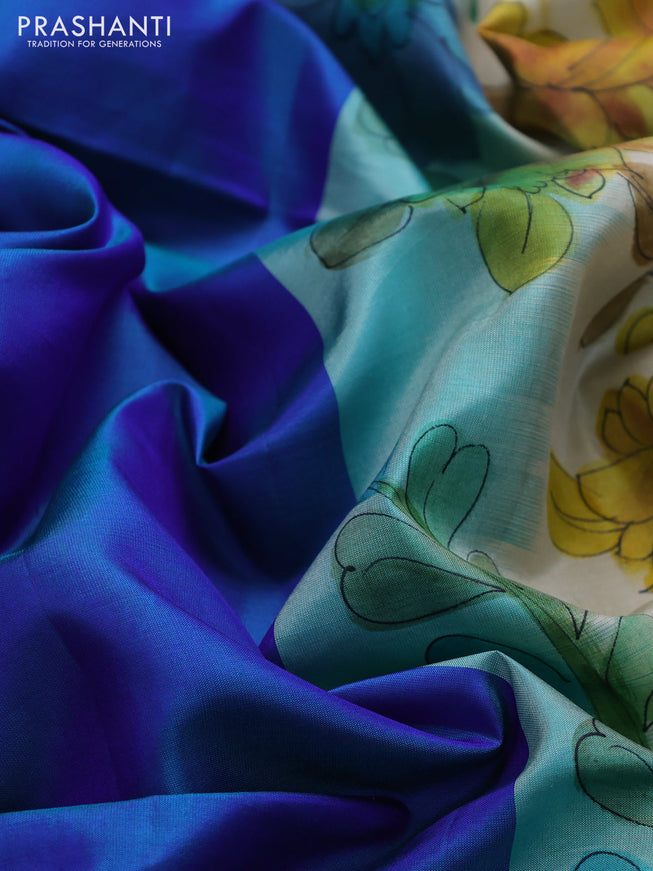 Pure soft silk saree dual shade of bluish green and cream with plain body and hand painted kalamkari printed pallu