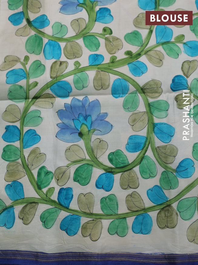 Pure soft silk saree dual shade of bluish green and cream with plain body and hand painted kalamkari printed pallu