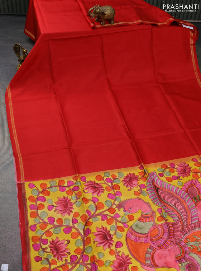 Pure soft silk saree red and yellow with plain body and hand painted kalamkari printed pallu