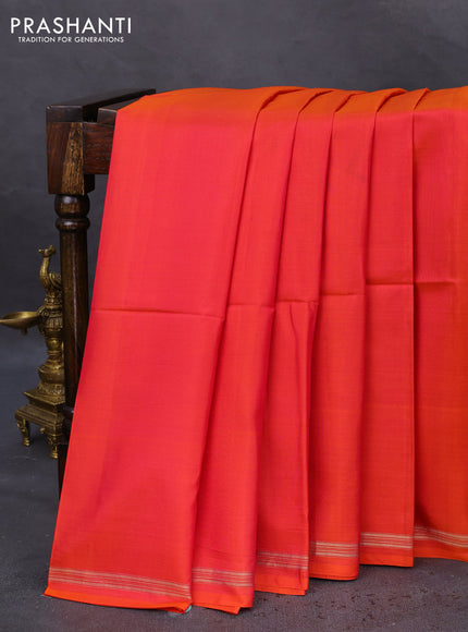 Pure soft silk saree dual shade of pinkish orange and yellow with plain body and hand painted kalamkari printed pallu