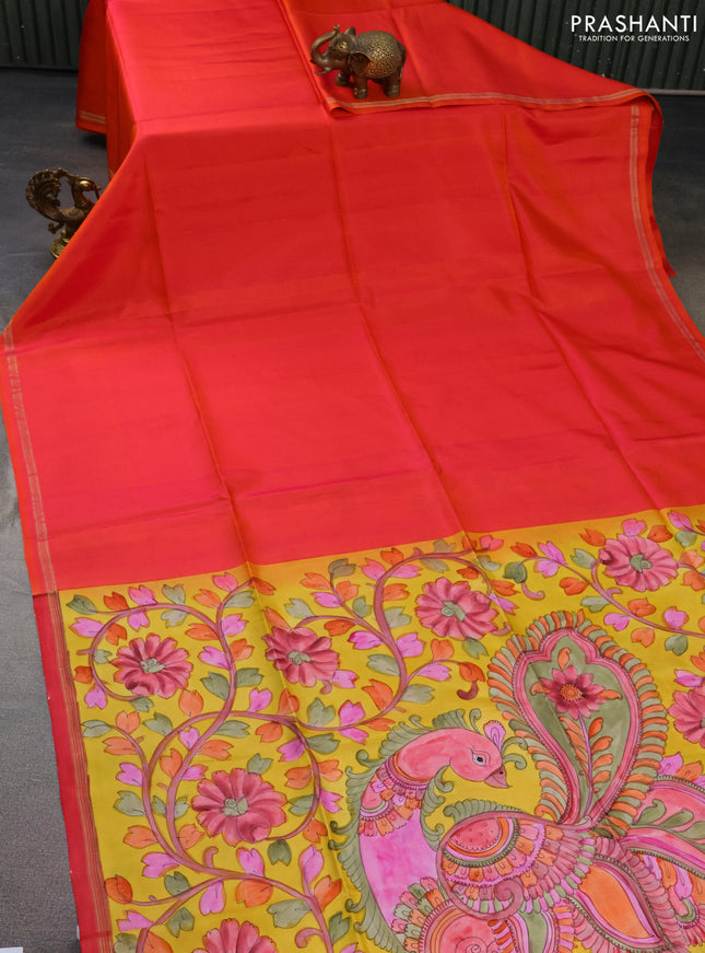 Pure soft silk saree dual shade of pinkish orange and yellow with plain body and hand painted kalamkari printed pallu